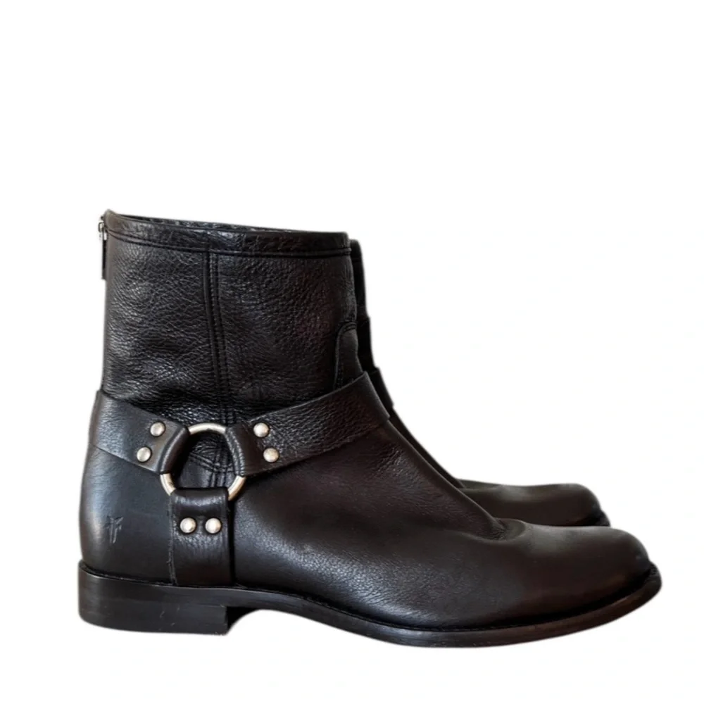 FRYE Phillip Harness‎ Moto Black Leather Short Ankle Boots Size 9